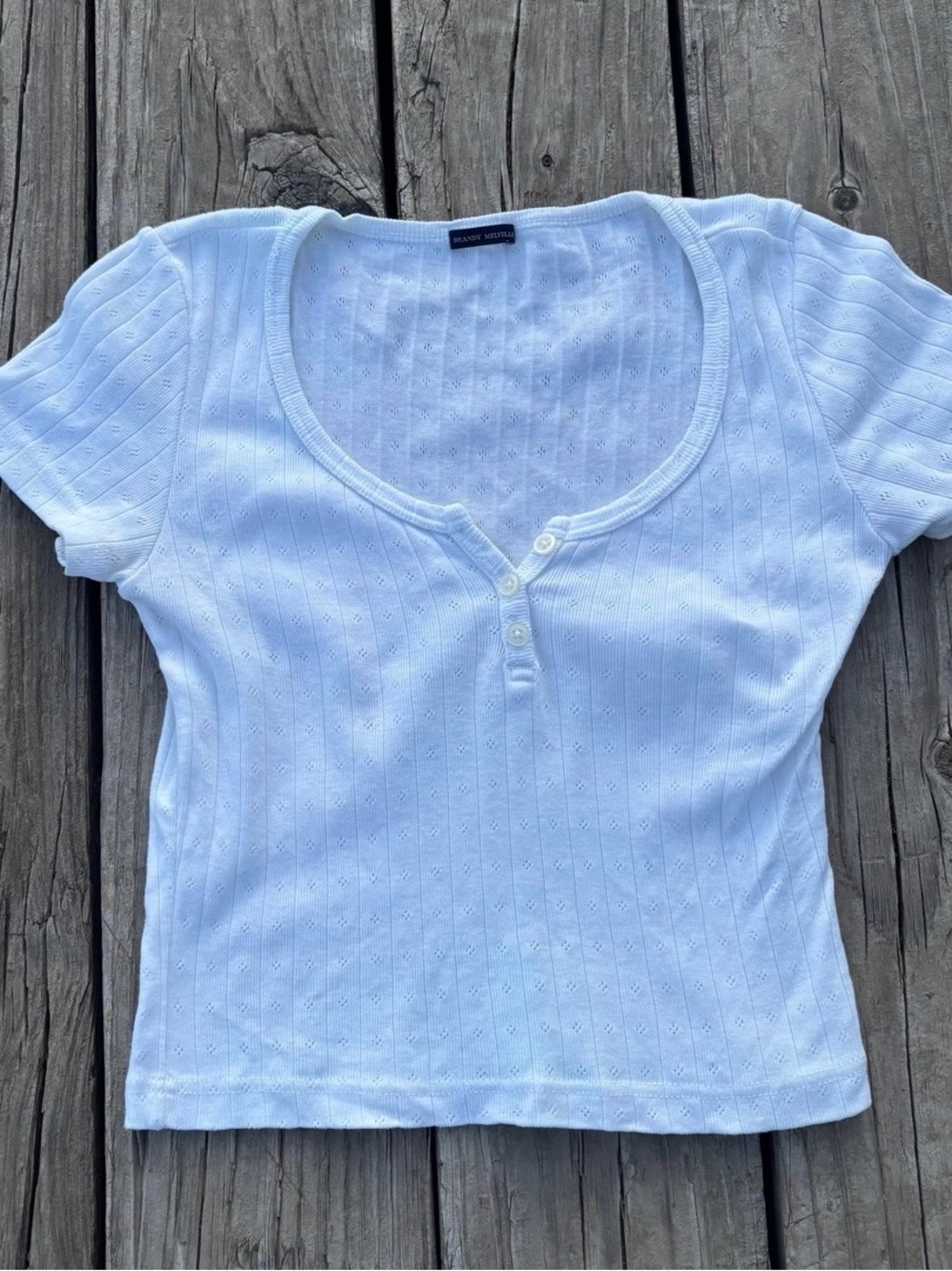 Brandy Melville White Ribbed Short Sleeve Henley Crop Top